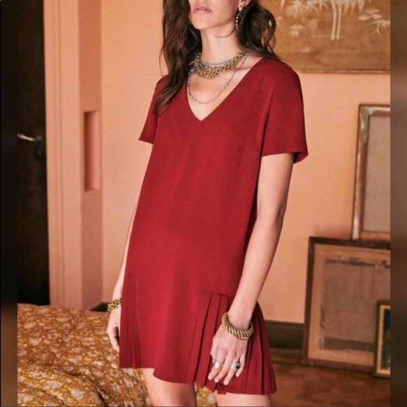 Sezane Dresses & Skirts - SEZANE Robe Liora Pleated Shift Dress Bordeaux 6